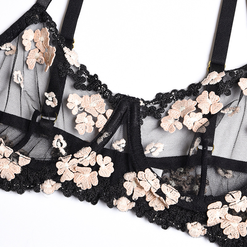 See-Through Mini Flower Embroidery Steel Ring Sexy Lingerie Three-Piece Set NSMXF113193