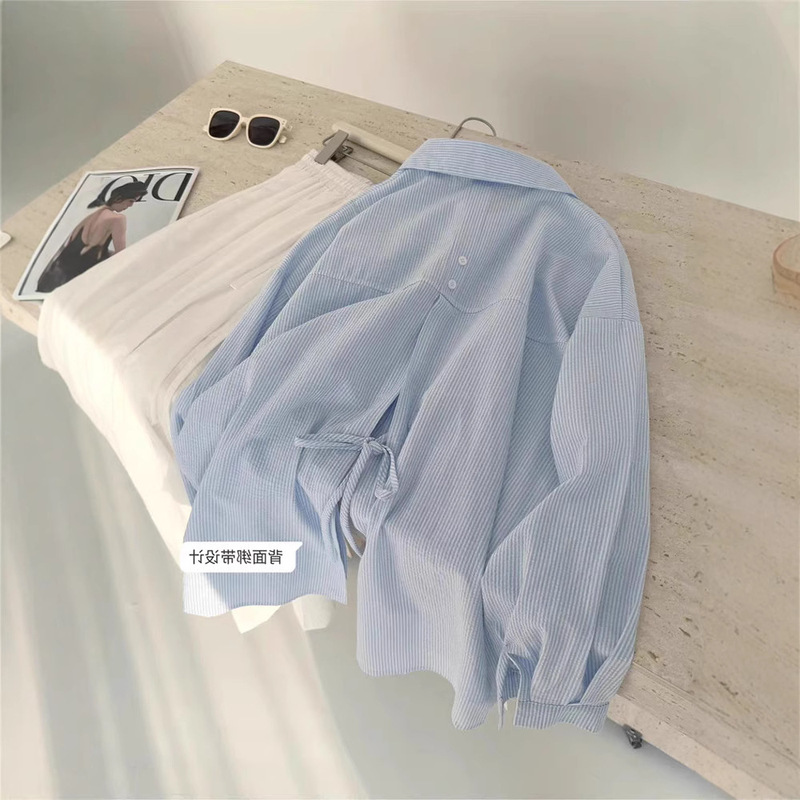 Blue Striped Shirt with Back Tie for Women, 2026 Spring/Summer Korean Style, Versatile Casual Chic Unique Top