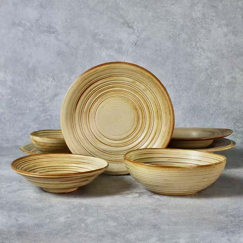 Cross-Border Export of New Japanese-Style Coarse Pottery High-End Minimalist Frosted Ceramic Threaded Tableware Salad Bowl Noodle Bowl Dish Plate