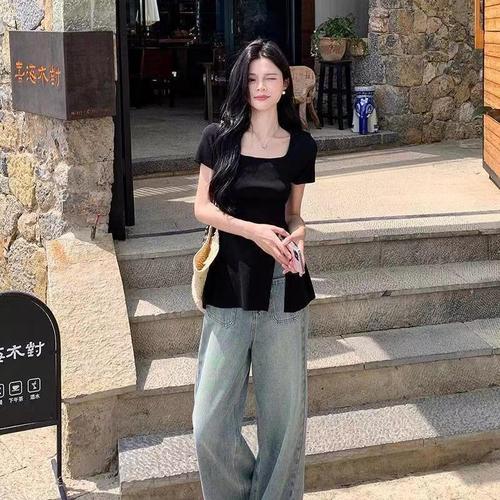 Large Size Fat Girl French Short Sleeve T-Shirt Women Summer New Design Fitted Concealer Trend Square Collar Top