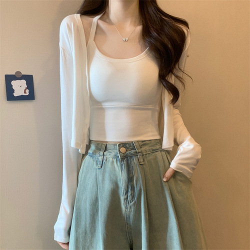 White short long-sleeved knitted cardigan top for women spring small shawl coat-like suspender two-piece set
