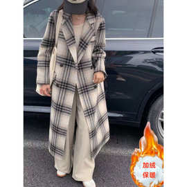 加绒2024年秋冬新款高级感韩系格子呢子大衣女加长款宽松休闲外套