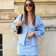 亚马逊跨境外贸欧美女装ZA秋冬新款袖针织外套针织迷你裙套装