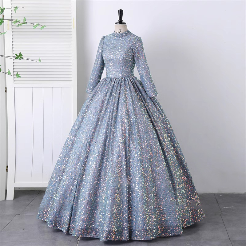 Vestido de noche de cuello alto con lentejuelas de las mujeres de lujo de alto grado etapa traje en solitario Examen de arte vocal Reunión Anual pettiskirt
