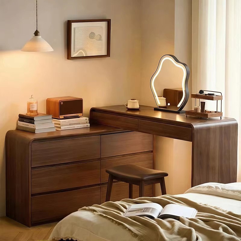 Esquina de la mesa de tocador armario en un dormitorio moderno y simple 2026 nuevo armario de maquillaje de madera maciza cama trasera gabinete de almacenamiento