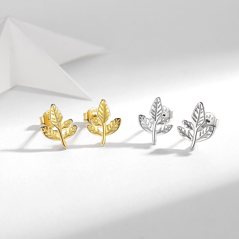 Pendientes de plata esterlina Aguja de plata de ley Chica dulce sauce hoja Stud pendientes 925 al por mayor diamante incrustado pequeño retoño aretes de plata oreja hueso Stud