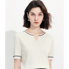 高品質のニット半袖tシャツ女性2025春夏新作衝突色修身カジュアル減齢上着