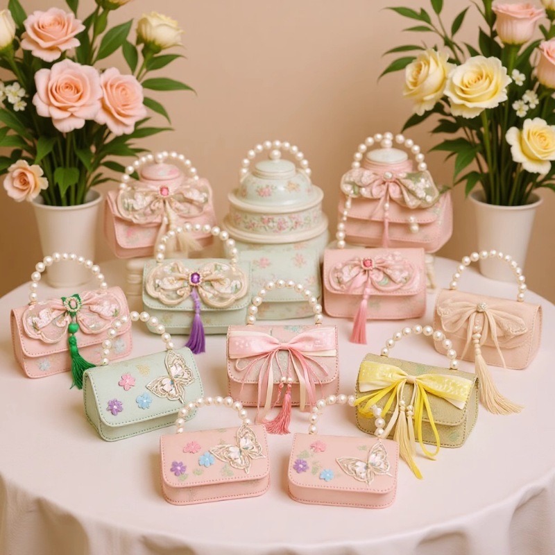 Bolsas de niños nuevas bolsas de mano de perlas de estilo nacional, bolsas de cadena de arco de bordilla princesa, bolsas de hombro de moda nacional de niñas lotes