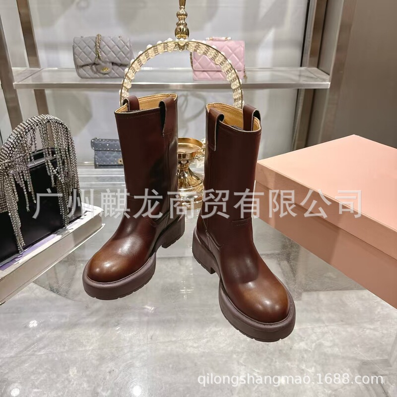 2025秋冬季新款麂皮圆头厚底做旧擦色复古骑士靴低跟中筒靴单靴女|undefined