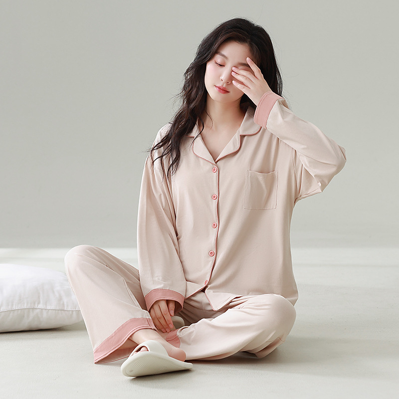 잠옷 여성의 새로운 [COOL COTTON] 긴 소매 바지 세트 옷깃 가슴 패드 솔리드 컬러 편안한 외부 착용 홈 의류 세트