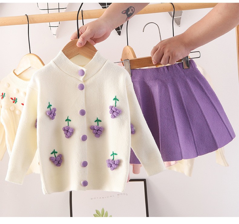Cardigan tricoté pour filles, pull pour enfants, trésor pour femmes, ensemble deux pièces de style occidental, fleur de fruits en laine faite à la main_voghion.com