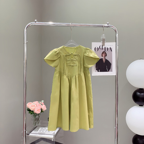 Girls' Summer Short-Sleeve Dress in Traditional Chinese Style, Solid Color, Suitable for Middle and Large Children, Elegant and Fashionable, Chic and Charming, Princess Dress