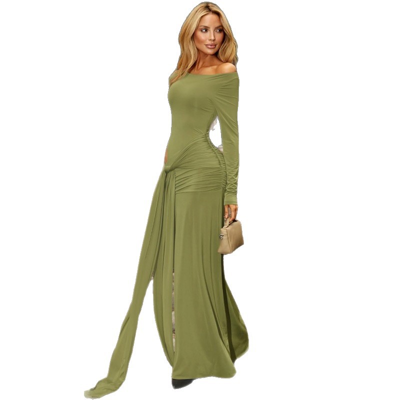 Transfronterizos Europa y Estados Unidos ropa de mujer 2025 otoño nuevo color sólido cuello redondo manga larga corbata hueca vestido delgado mujer image 6