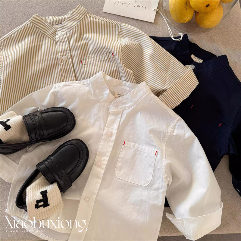 Little Bear Children's Shirt Spring and Autumn Boys' Japanese Style Trendy Brand Stand Collar Shirt Baby Long-Sleeve Top Solid Color Base Shirt Little Bear Children's Shirt Spring and Autumn Boys' Japanese Style Trendy Brand Stand Collar Shirt Baby Long-Sleeve Top Solid Color Base Shirt