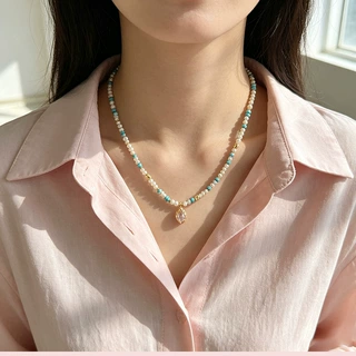 波西米亚算盘蓝松淡水珍珠锁骨链串珠项链女轻奢高级感气质