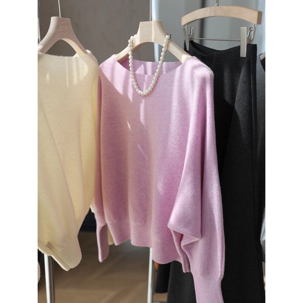 【巨藏肉】含7.1%山羊绒显瘦一字领宽松落肩蝙蝠袖针织衫女秋冬