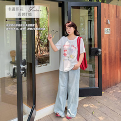 プラスサイズの女性の 2025 夏の新しいトップスファット MM スリムファッション漫画プリントラウンドネック Tシャツ W-212