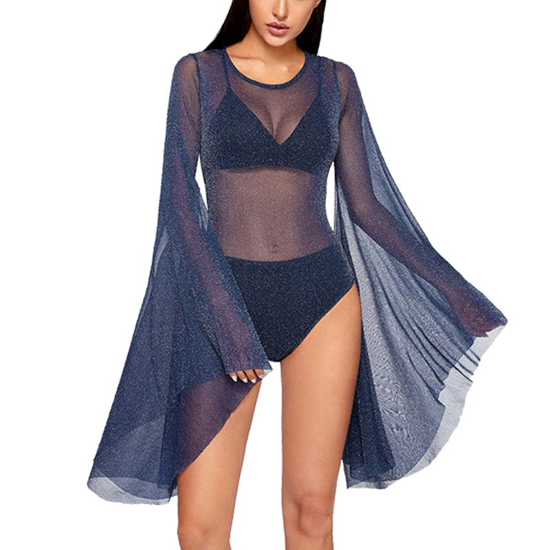 sexy trumpet sleeve tulle transparent backless long-sleeved bodysuit NSYMA55307