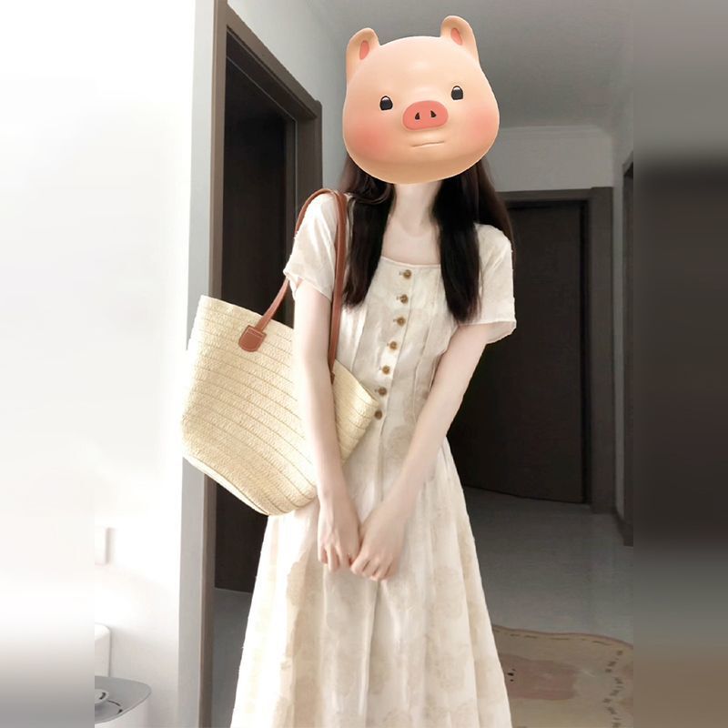 Petite Elegant Square Neck Sweet College Style Dress for Women Summer New Light Luxury Waist Mid-Length Skirt Splicing Petite Elegant Square Neck Sweet College Style Dress for Women Summer New Light Luxury Waist Mid-Length Skirt Splicing
