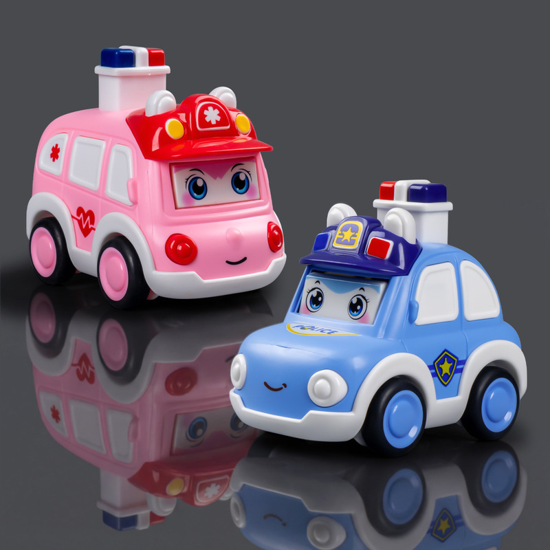 Children's 1-3 Years Old Push-And-Go Cartoon Car with Face-Changing Feature, Fire Truck, Police Car, Inertia-Powered, Crash-Resistant Construction Vehicle Toy