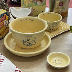 Korean-style cute little dog creative Instagram cream-colored ceramic bowl set for home use, single rice bowl and noodle bowl tableware