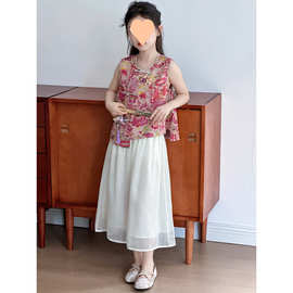 女童套装夏季2025新款中大童时髦洋气国风锦鲤新中式无袖半身裙套