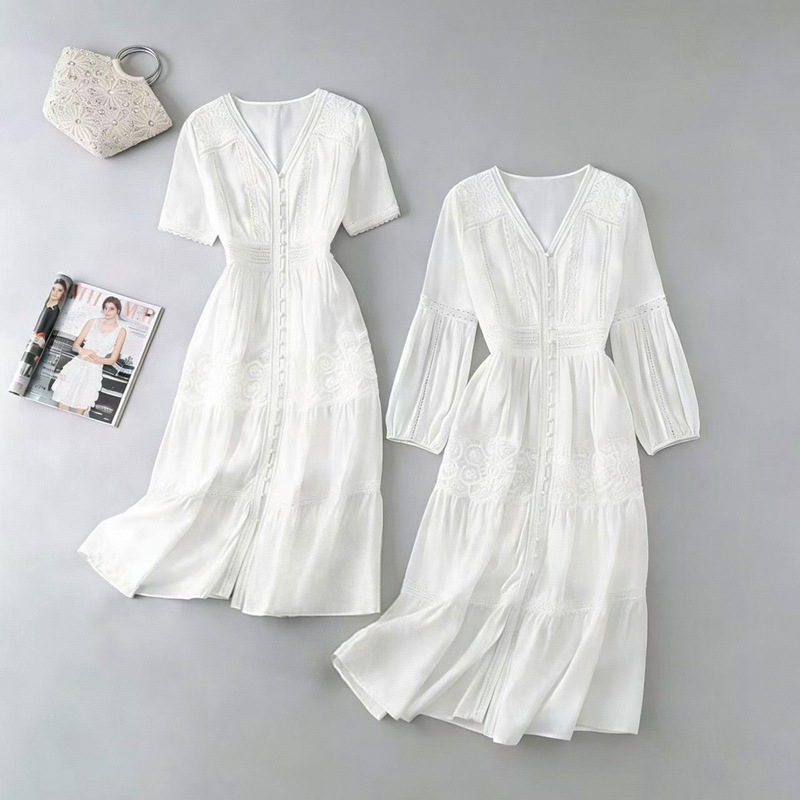 French-Style Gentle White Lace Dress, New Summer Style, Waist-Cinching, Slimming, Elegant Long Bohemian Style Dress