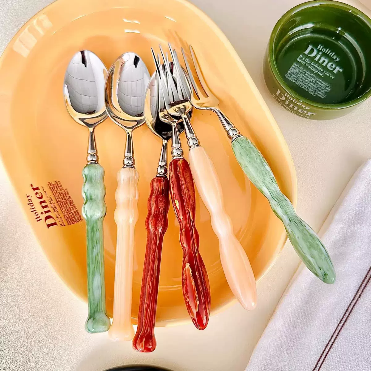 高颜值亚克力法式304不锈钢西餐具甜品勺叉牛排刀叉勺套装ins风