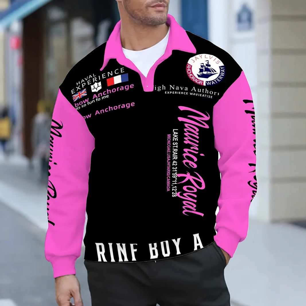 Chaqueta de suéter de manga larga con solapa de nuevo estilo de cuello medio abierto para hombre con estampado de costura de letras personalizado MB14