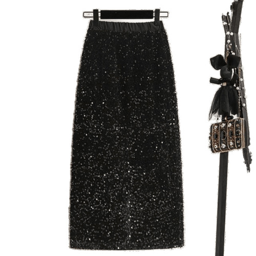 Large size slightly fat MM sequined skirt for women's spring new style high-end shiny high-waist mid-long skirt