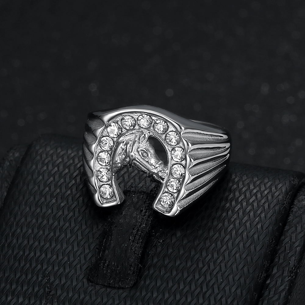 Plating, Inlay Design Hip-Hop Style Hip-Hop Horse Titanium Steel Plating Inlay Rhinestones 18K Gold Plated Men's Rings