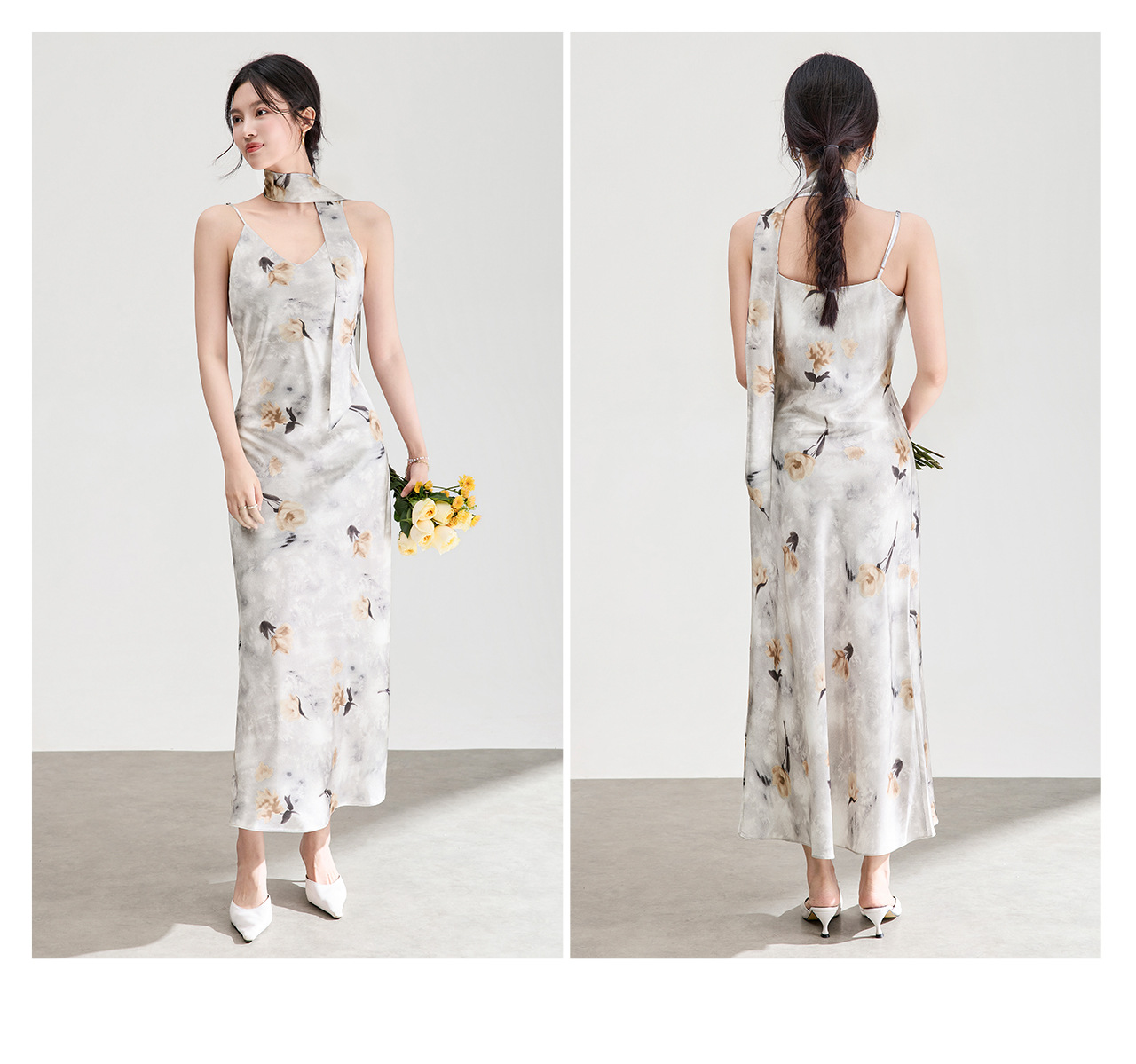 Váy dây satin họa tiết hoa nhỏ buông nhẹ mùa hè — màu xám chi tiết 20
