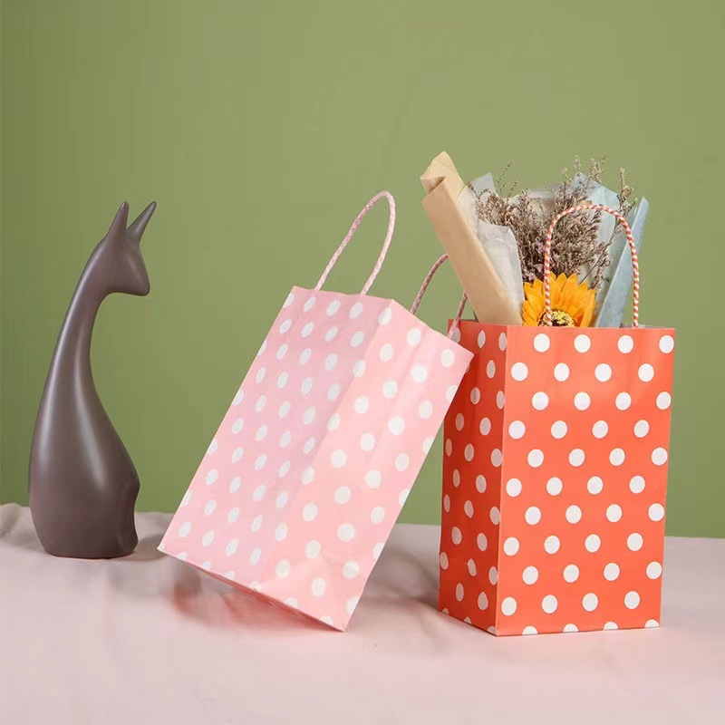 纸袋节日礼物零食包装袋红橙黄绿蓝紫波点手提袋可印logo牛皮袋