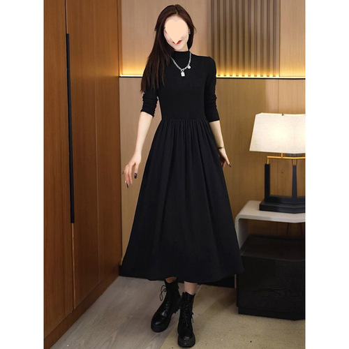 Hepburn style semi-high-neck dress for women's spring and summer new style slimming long-sleeved temperament French over-the-knee base dress