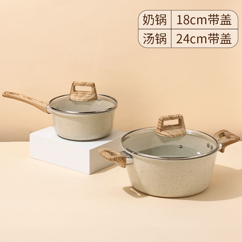 Juego de utensilios de cocina transfronterizo, sartén antiadherente, sartén de piedra de mármol, olla para sopa, juego universal de cuatro piezas para estufa, sartén para cocinar en el hogar