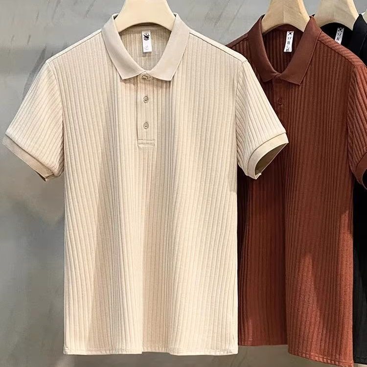 Japanese Style Simple Solid Color Stripe Fit Knitted Fashionable All-Match Lightly Mature Summer Casual Men's Polo Shirt