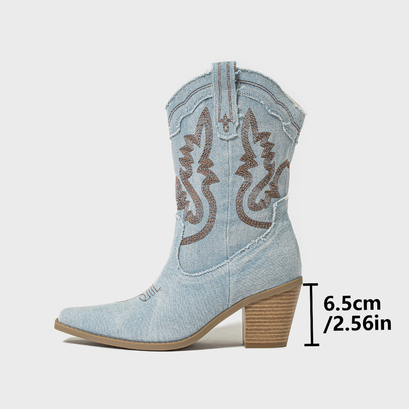 in stock-boots women autumn and winter Europe and the United States wholesale fashion thick heel color pointed winter embroidery Denim western women's boots