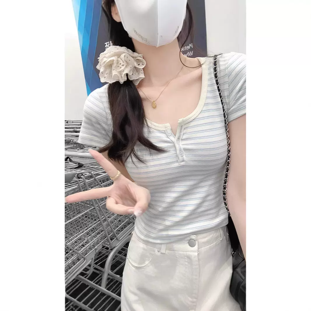 设计感撞色条纹U领正肩短袖T恤女夏新款韩版修身显瘦百搭短款上衣