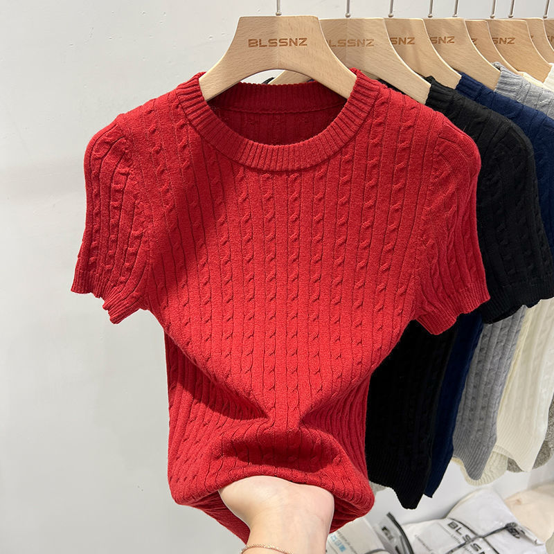 柔らかくワックスのようなラウンドネックロイヤルブルー半袖セーター女性用2025春夏韓国風ファッショナブルな気質スリムフィットトップトレンディ|undefined