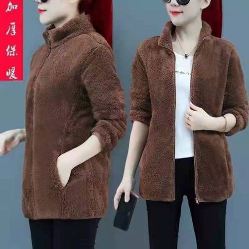 Women's Short-Sleeve Double-Faced Plush Fleece Coat, Plus Size Coral Fleece Autumn/Winter Thick Warm Fleece Top