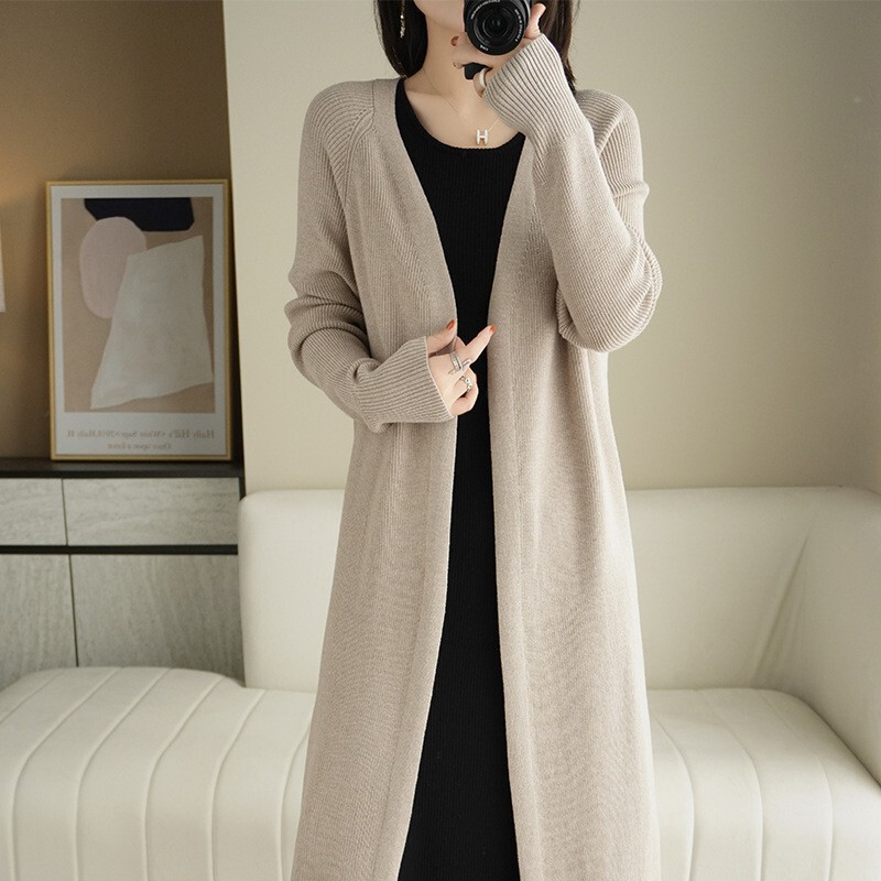 2026 Autumn/Winter New Lazy Style Long Knitted Cardigan for Women, Japanese Style Solid Color Simple Outerwear, Buttonless Sweater Coat