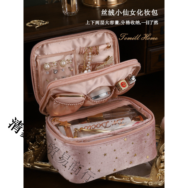 Bolsa de maquillaje de gran capacidad portátil para salir grande 2025 bolsas de almacenamiento de maquillaje de terciopelo de viaje de mano para mujeres