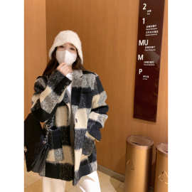 韩系格子毛呢西装外套女装秋冬中长款赫本风宽松气质加厚呢子大衣