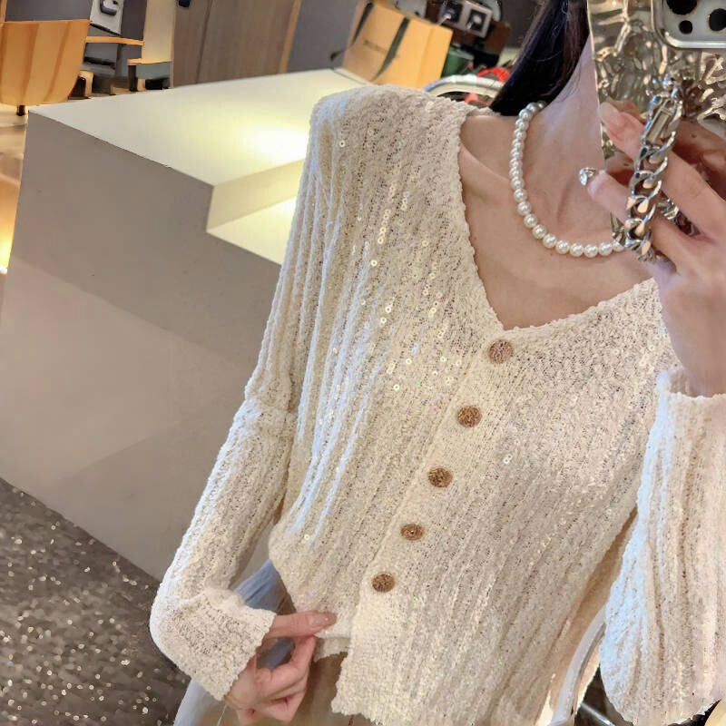 Chanel Style Light Luxury Sequin Knitted Cardigan Women's Shiny V-neck Thin Sweater Coat Long Sleeve Early Autumn Chic Top