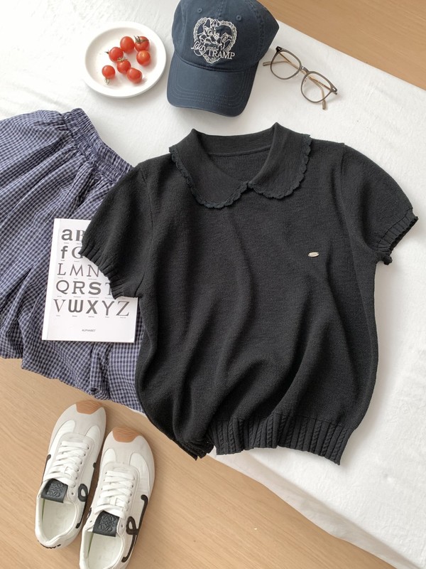 韓国ベビードールカラー半袖Tシャツ夏の新しい甘い年齢を減らす気質ニットセーターレースレーストップ|undefined