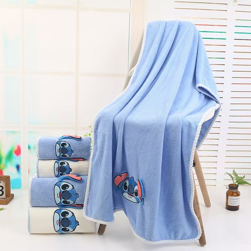 Coral Fleece Cartoon Embroidered Towel & Bath Towel Set: Stich Design, Thick & Extra-Large, Absorbent, Soft, and Quick-Drying for Adults and Couples