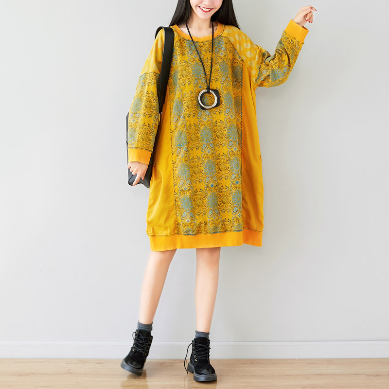 Suéter de cuello redondo con costuras artísticas, largo medio, hombros caídos, abrigo, vestido coreano holgado