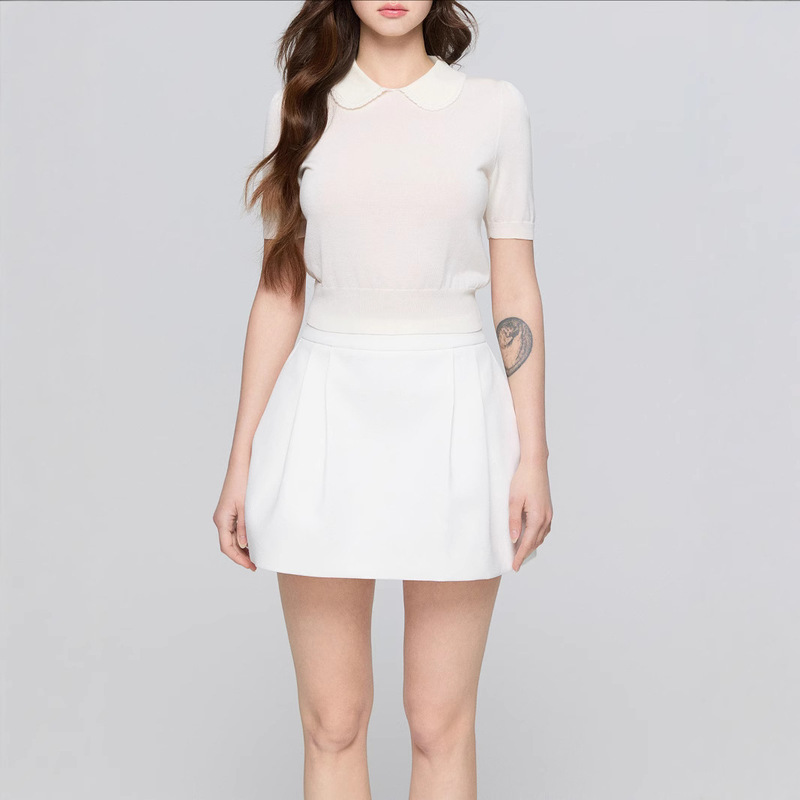 Avenemnt/Tencel Doll Collar Short-Sleeved Knitted Top Three-Quarter Sleeve Short T-Shirt Design for Women Summer