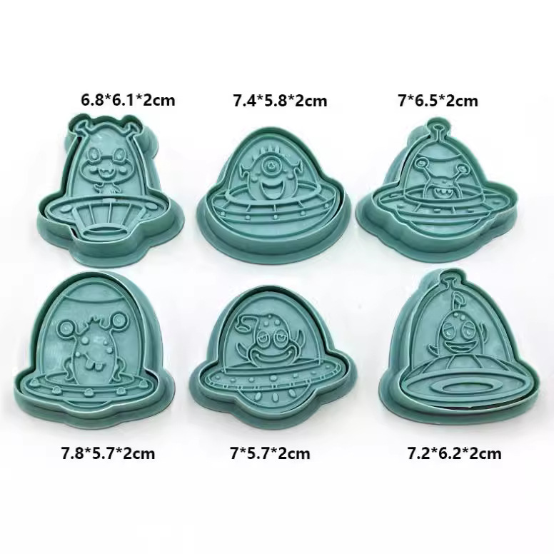 Suministro transfronterizo 3D tridimensional UFO Alien 6-pieza galleta molde de corte galleta fondant Galleta de dibujos animados traje de molde