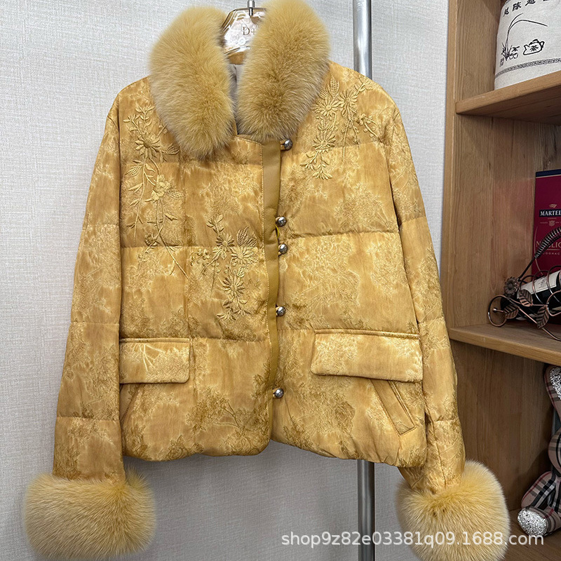 New Chinese Style Fox Fur Collar Fur down Jacket for Women Winter Short Jacquard Rayon Silk Warm High-End Jacket